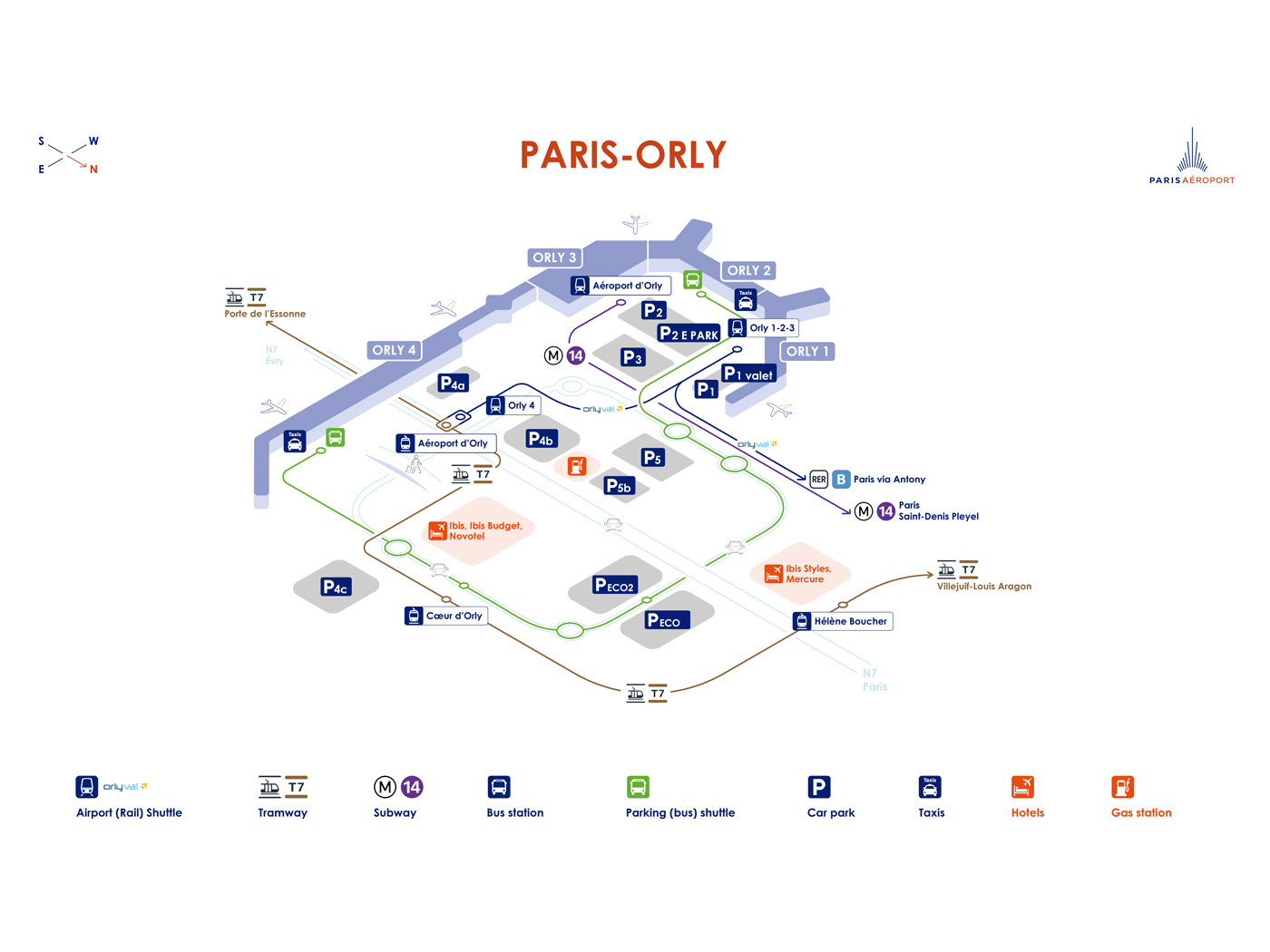 Map of Paris-Orly airport with details of parking facilities
